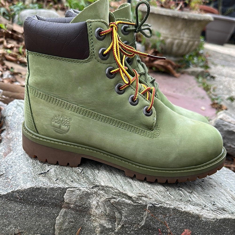 Timberland Olive Green Boots with Brown Trim